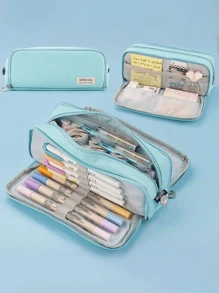 Large Capacity Fabric Pencil Case Layer/Double Sided Pen Bag Pencil Case/School/Office/College YD Stationery Back To School - 淺藍色 - 查看 1