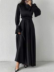 Robe de mariée maxi à lacets en satin, robe de soirée de mariage élégante pour femmes au printemps, fluide et affinante - Noir - Voir 5