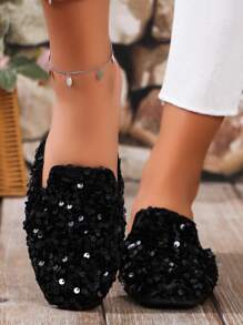New Fashion Women Flat Slippers With Rhinestones & Sequins - Black - View 2