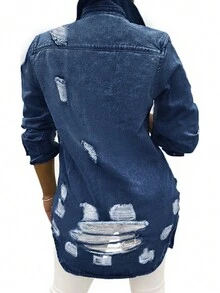 Women's Casual Mid-Length Distressed Washed Denim Jacket, Autumn - Medium Wash - View 5