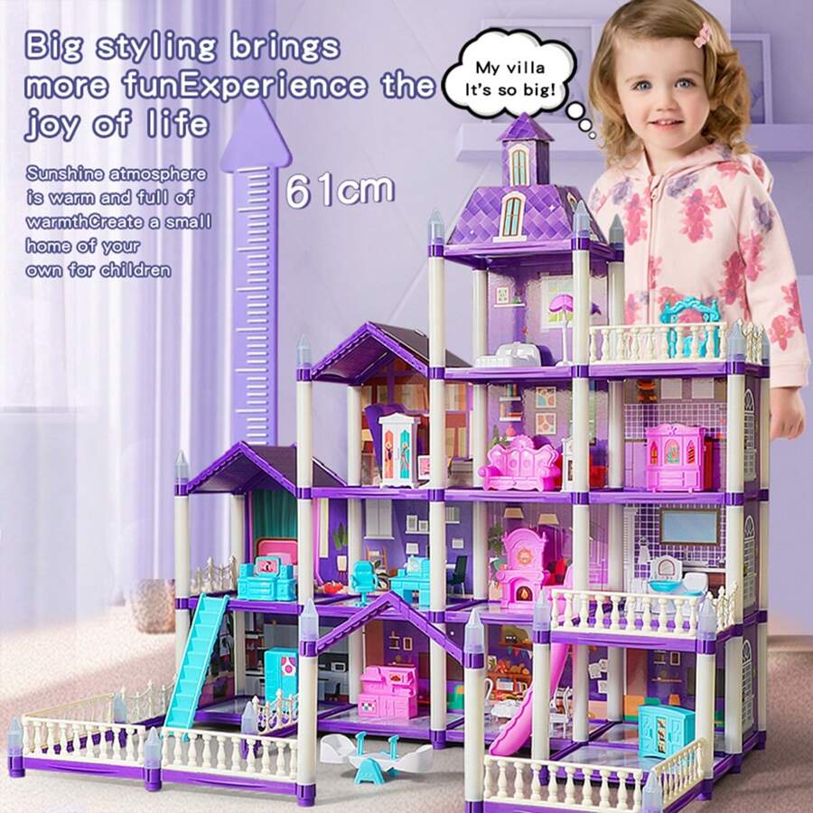 Juego de muñecas de bricolaje con casa de muñecas, incluye muñeca y muebles, regalo de casa de muñecas de princesa, con característica que brilla en la oscuridad (requiere suficiente absorción de luz), (tira de iluminación gratis, muñeca gratis) - Morado - Ver 1