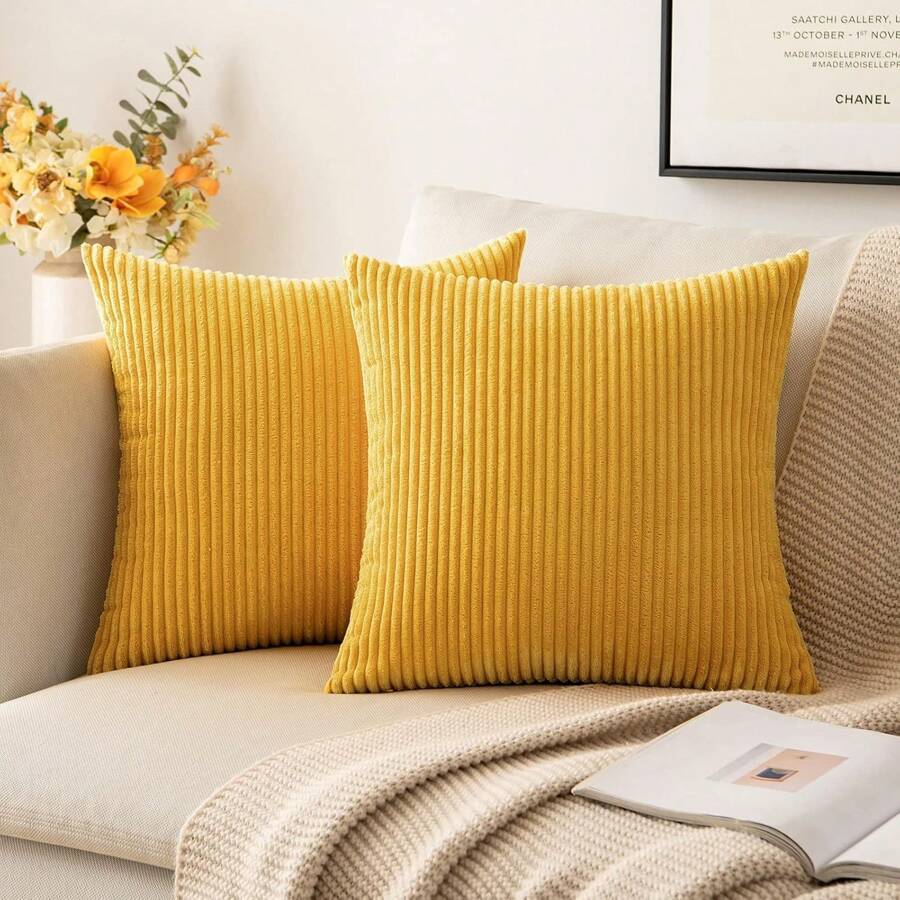 Set mit 2 dekorativen Kissenbezügen, 45 x 45 cm, gerippte Sofa-Kissenbezüge, weiche Kissenbezüge für Zuhause, Wohnzimmer, Schlafzimmer - Gelb - Übersicht 1