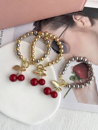 1件Y2K时尚创意优雅甜美树脂樱桃OT纽扣串珠吊坠手链女士姐妹饰品礼物适合日常、派对、节日、夏季海滩佩戴红色饰品Maas红色饰品