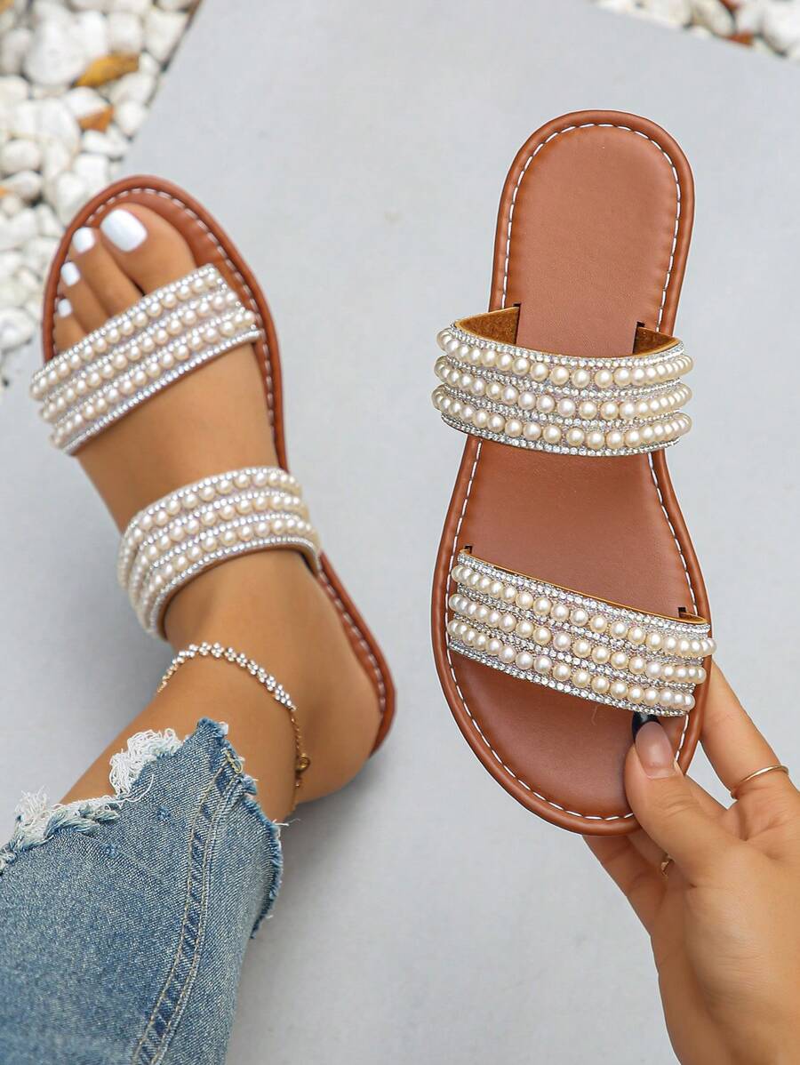 Sandalias planas de verano cómodas y casuales para mujer, decoradas con lentejuelas brillantes, calzado ligero para la playa - cuentas marrones amarillas - Ver 1