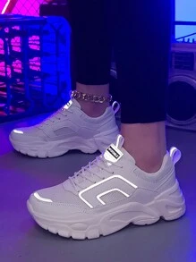 Women's Outdoor All-Season Fashion Versatile Simple Comfortable Breathable Anti-Slip Solid Color Low-Top Thick-Sole Sneakers, Casual, Chunky Sneakers, White Shoes