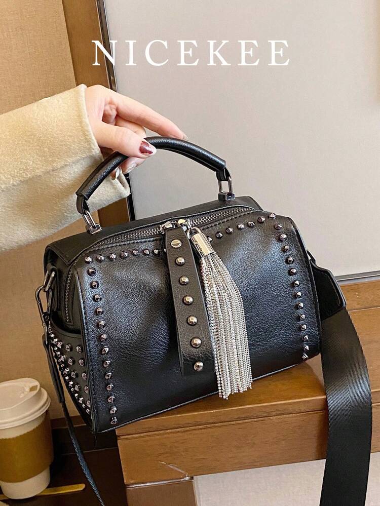 Fashionable Versatile Handbag, Niche Design, Solid Color Tassel Rivet Boston Bag, Elegant Crossbody Bag, Minimalist Casual Wide Strap Shoulder Bag, Suitable For Commuting, Outing, Dating And Shopping