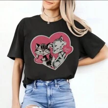 Cat Valentine Shirt Gift For Cat Lovers Women's Printed Short Sleeves, Suitable For Going Out, Creative And Comfortable Casual Clothing - 黑色 - 查看 1