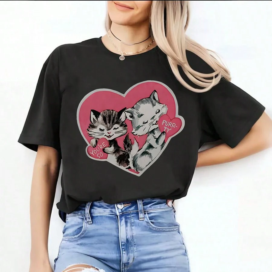 Cat Valentine Shirt Gift For Cat Lovers Women's Printed Short Sleeves, Suitable For Going Out, Creative And Comfortable Casual Clothing - 黑色 - 查看 1