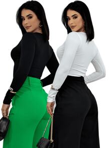 Kit 2 Women's Long Sleeve Blouse Cold Weather Round Neck Winter - Black and White - View 2