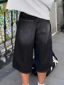 Jeans bermuda en denim à jambes larges avec détail de couture de poche, style vintage y2k rayé chat pour adolescente. Shorts décontractés à coupe courte