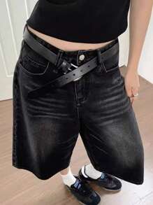 Jeans bermuda en denim à jambes larges avec détail de couture de poche, style vintage y2k rayé chat pour adolescente. Shorts décontractés à coupe courte