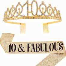 2 件/套黄金岁数 30 岁 40 岁 50 岁 60 岁 70 岁 80 岁 1 件水钻水晶皇冠 +1 件披肩头饰生日周年装饰生日快乐缎带派对用品发带发刷生日女王女士发刷发带，圣诞节