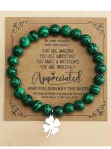 1pc Green Turquoise Beaded Bracelet With Stainless Steel Four-Leaf Clover Pendant, Suitable For Men's Daily Wear, Perfect Gift For St. Patrick's Day