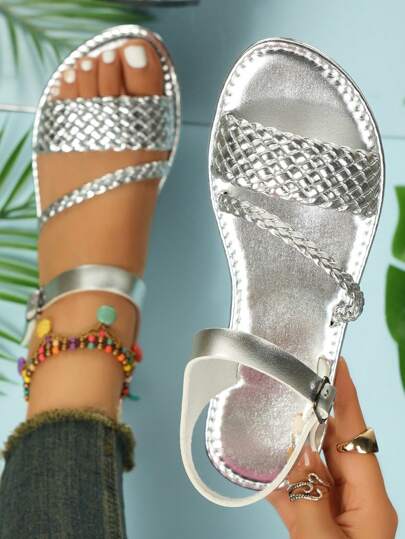 Women's Solid Color Fashion Sandals, Lightweight Soft Sole Shoes With Ankle Strap And Woven Band For Anti-Slip Beach Wear