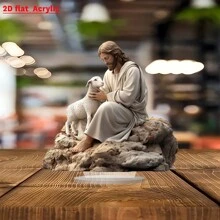 Bohemian Style 2D Ethyl Acrylate Christ And Sheep Sculpture - Christian Home, Office Desk And Bedroom Decor | Multipurpose Religious Desktop Display, English Text Placeholder, Random Hole Style - Multicolor - View 4