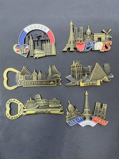 1 pieza Imán de nevera de estilo arquitectónico de metal, imán de nevera con edificios estilo francés/Londres, recuerdo de viaje, decoración del hogar, abridor de botellas