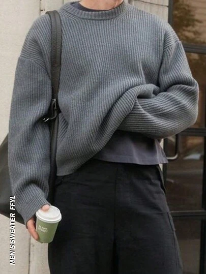 Lightweight Casual Textured Knit Oversized Unisex Sweater, Minimalist Design, Loose Fit Crew Neck Pullover, Suitable For Autumn/Winter