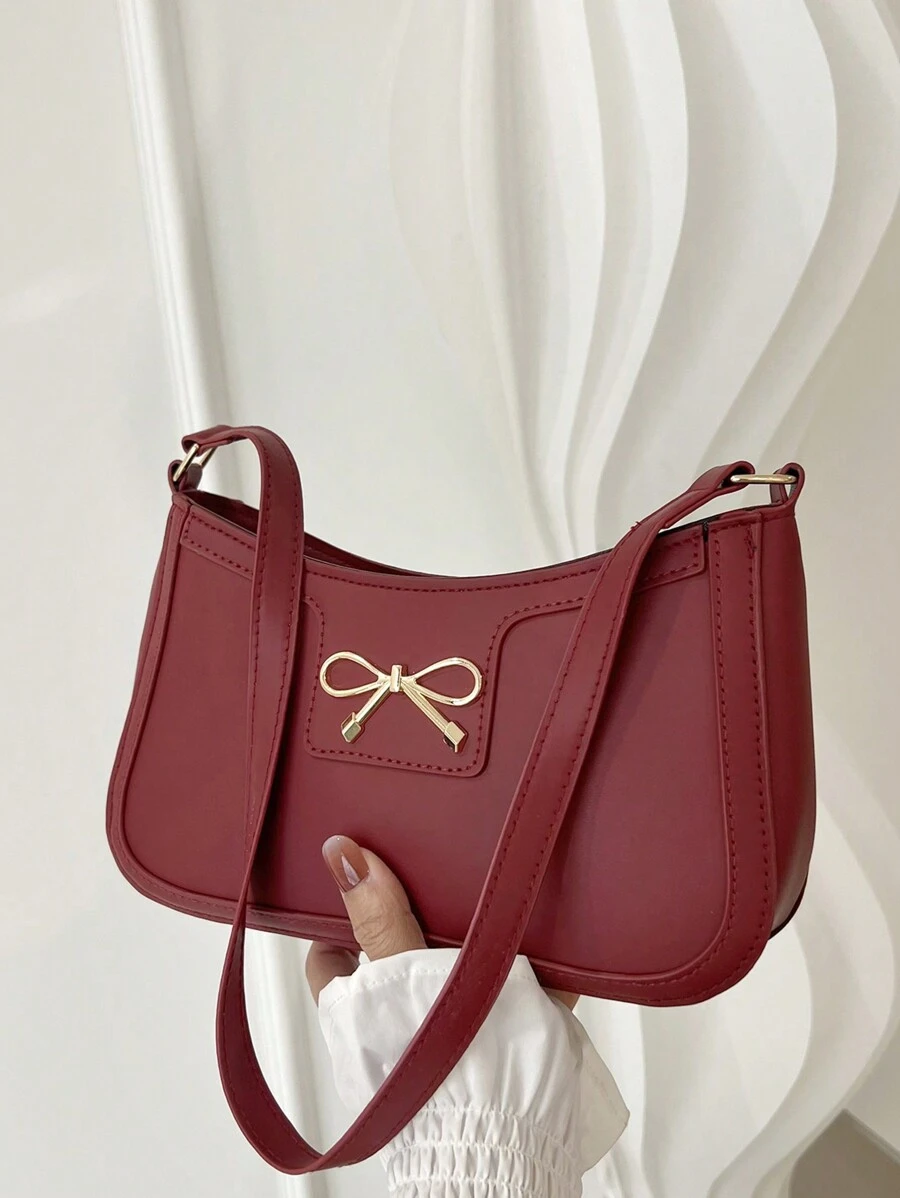 Túi đựng đồ trang điểm đeo vai thời trang giản dị cho nữ PU màu đen trơn, cà phê, kaki nơ kim loại