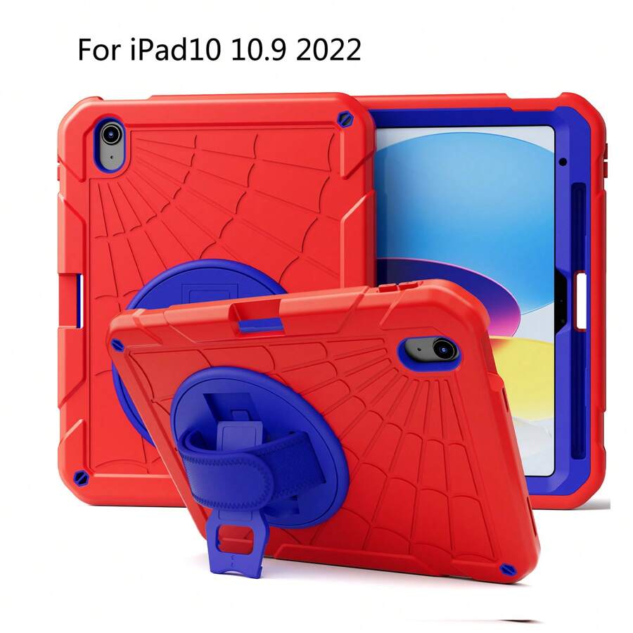1 件 iPad 第 10 代 10.9 英寸平板电脑保护套 蜘蛛网图案平板电脑保护套 兼容 iPad iPad 第 10 代保护套 重型防震保护套 带屏幕保护膜、支架、手/肩带和笔架，黑色+天蓝色。新款保护套采用优质 TPU 和防滑硅胶制成
