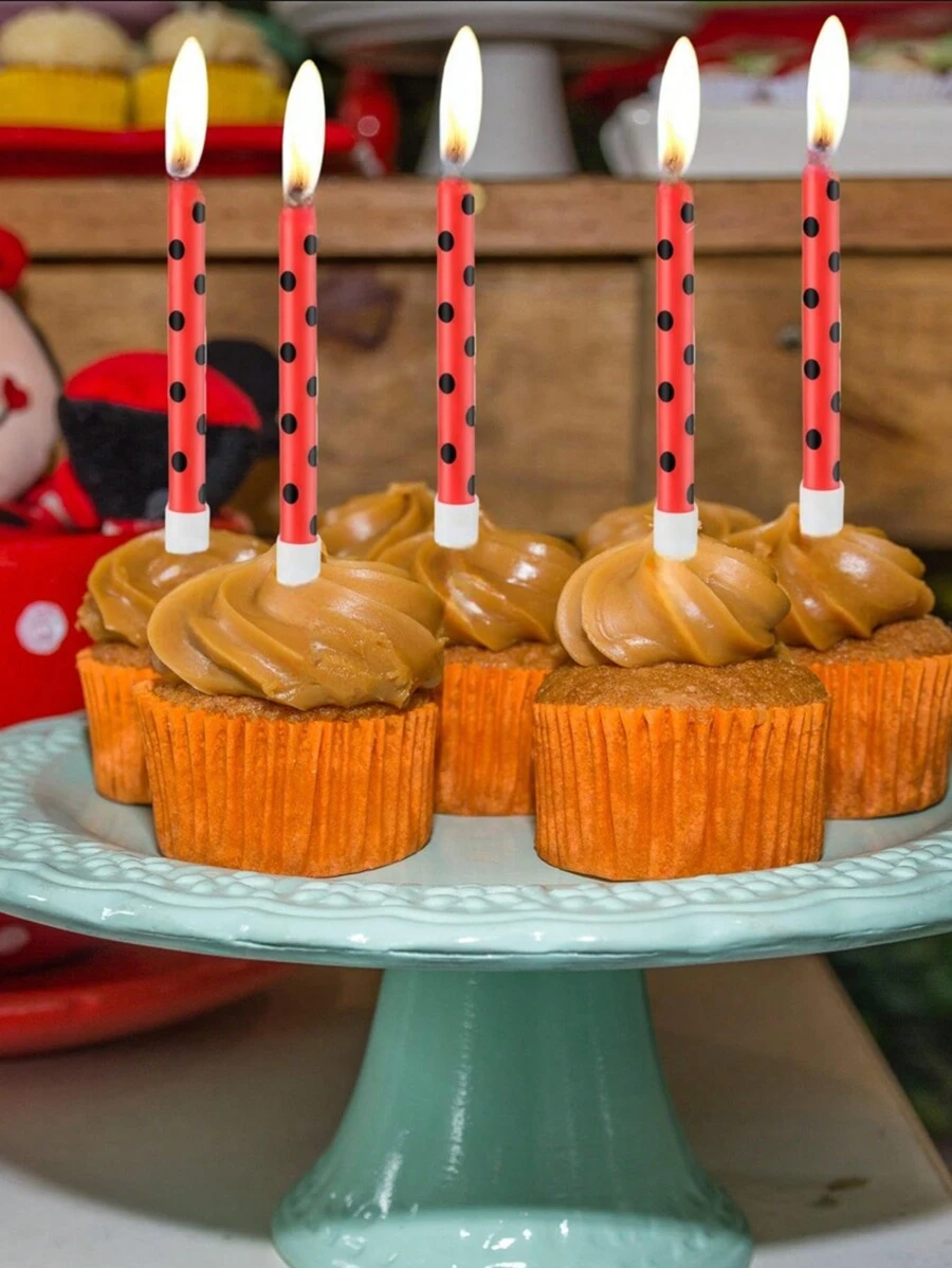 6 件红色瓢虫波尔卡圆点生日派对周年蛋糕装饰蜡烛 - 紅色 - 查看 1