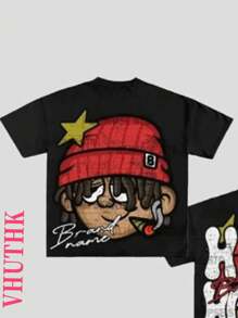 (Camiseta 100% algodón 220) Camiseta casual de hombre de cuello redondo y manga corta de puro algodón con estampado de gran cabeza estilo Y2K americano - Negro - Ver 2