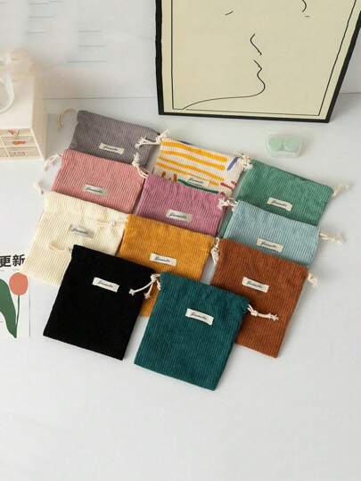 1 个纯色灯芯绒抽绳收纳袋，可容纳口红、气垫、粉饼等小物品，化妆品收纳袋、零钱包、化妆包，适合日常收纳和购物化妆包化妆品收纳袋化妆品收纳