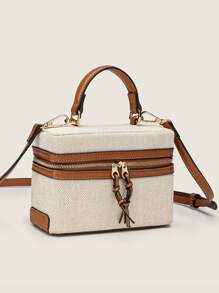 Fashionable Bicolor Beige Canvas Vintage PU Mini Handbag, Business Casual Woman Bag Perfect For Office Business And Work - Beige - View 4