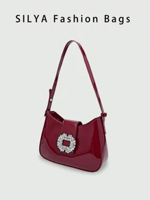 Vintage Simple Commuter Style New Wine-Red Shiny PU Leather Handbag With Adjustable Shoulder Strap, Women's Sparkling Rhinestone And Metal Decoration Crescent-Shaped Shoulder Bag, Suitable For Formal Occasions Such As Parties, Weddings, Gatherings, College Students, Back To School, Campus, Business Trips, Travel, Fashionable Burgundy Bag , Red Bag , Burgundy Bag, Old Money - Burgundy - View 3