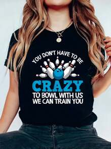 Funny Crazy Bowling Gift Bowlers Ten Pin Players Men Women T-Shirt Print Women's Round Neck Short Sleeve T-Shirt Fashion Graphic Tees Women Top - Black - View 1