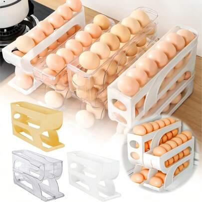 四层自动旋转鸡蛋收纳盒，PP材质，防摔，适用于冰箱鸡蛋架