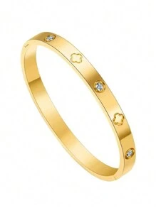 1 PIEZA Brazalete de acero inoxidable dorado con piedras artificiales para mujeres, no se mancha, ovalado, chapado en oro de 18 quilates, con flores de circonita cúbica artificial, regalo de joyería diseñador para adolescentes