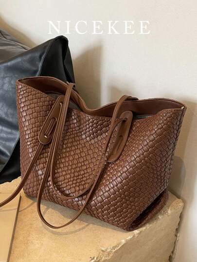 Women's Versatile Solid Color Woven Pattern PU Leather Handbag, Minimalist Large Capacity Top Handle Shoulder Bag, Casual Lightweight Commuter Bag Suitable For Daily Office, Fashionable Waterproof Square Outdoor Travel Storage Shopping Crossbody Bag, New Stylish Large Capacity Ladies Purse