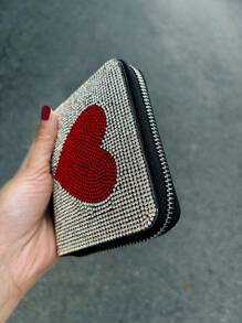 Large Heart Rhinestone PU Short Wallet Copper Zipper Card Holder Mini Pouch 2-In-1 Leather Clutch Purse Mini Wallet Birthday Valentine's Day Christmas Gift Wallet For Women Wallet Purse Wallet Fall Small Wallet Cute Wallet