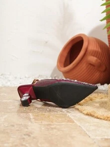 优雅钻石婚鞋，不对称方形鞋跟镶嵌酒红色高跟鞋新娘凉鞋，外观高档 - 酒紅色 - 查看 7