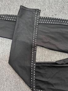 High Waisted Nylon Semi-Sheer Sequin Patchwork Leggings, Shinny Fabric With Stretch, Spring/Summer - Black - View 9