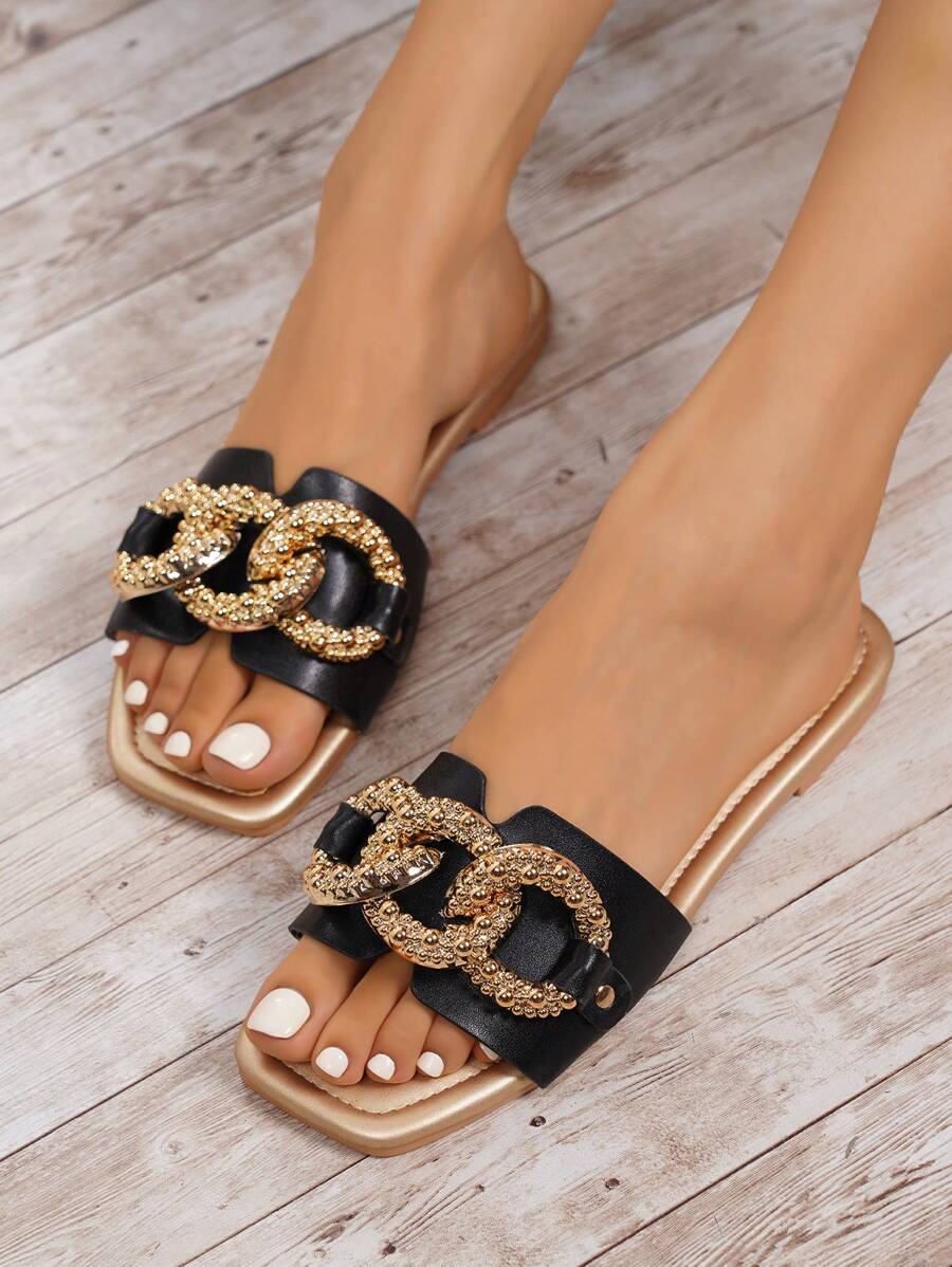 2023 Spring & Summer Women Square Toe Flat Pearl Embellished Transparent Slide Sandals - Black - View 1