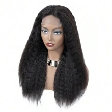 Kinky Straight Wig Human Hair Glueless Kinky Straight 4x4 Lace Front Wig Pre Plucked HairLine With Baby Hair 150% Density Yaki Straight Wigs Natural Black Color - 自然色&黑色系 - 查看 5