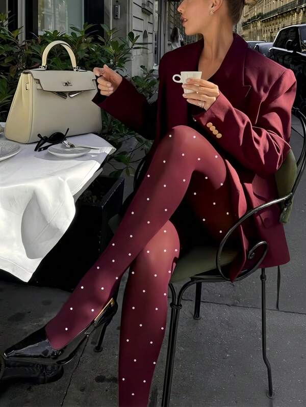 1 pieza Medias ceñidas con lunares rojos para mujeres, de ajuste entallado, transparentes y transpirables, apropiadas para citas, fiestas, clubes, primavera/verano/otoño