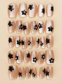 30 Pieces Of Short Coffin Shaped Pressed Fake Nail Patches, Rhinestone Black Floral Sweet And Cool Japanese And Korean Style Women'S Fingernail Patches, New And Fashionable Fingertips, Matched With 1 Piece Of Jelly Glue And 1 Piece Of Rubbing Strip, Suitable For Women'S Parties, Dances, Daily Casual Wear, Detachable And Reusable Wear Nails Nail Supplies Nails