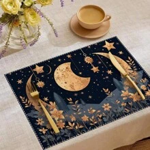 Juego de manteles individuales de Ramadán Kareem de 1/2/4 piezas, manteles individuales de Eid Mubarak de 12x18 pulgadas con lámpara de luna y estrella, manteles individuales rústicos de granja para mesa de comedor, muchos diseños y cantidad de manteles individuales