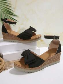 Women's Mesh Bow Decor Platform Wedge Sandals, Comfortable Buckle Closure, Summer,Travel Essential - Black - View 6