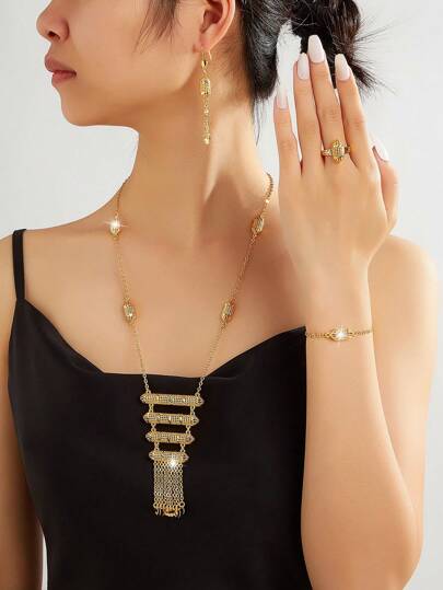 Mgyi Gold-Colored Copper Fashionable And High-End Luxury Retro Jewelry Set For Women,18K Gold Plated Elegant Luxury Square Design Necklace, Earrings, Bracelet, Ring For Women, Suitable For Nigeria, Dubai, Middle East, Saudi Arabia Bridal Wedding, Daily Wear, Wedding Anniversary Gift, Halloween Gift For Friends