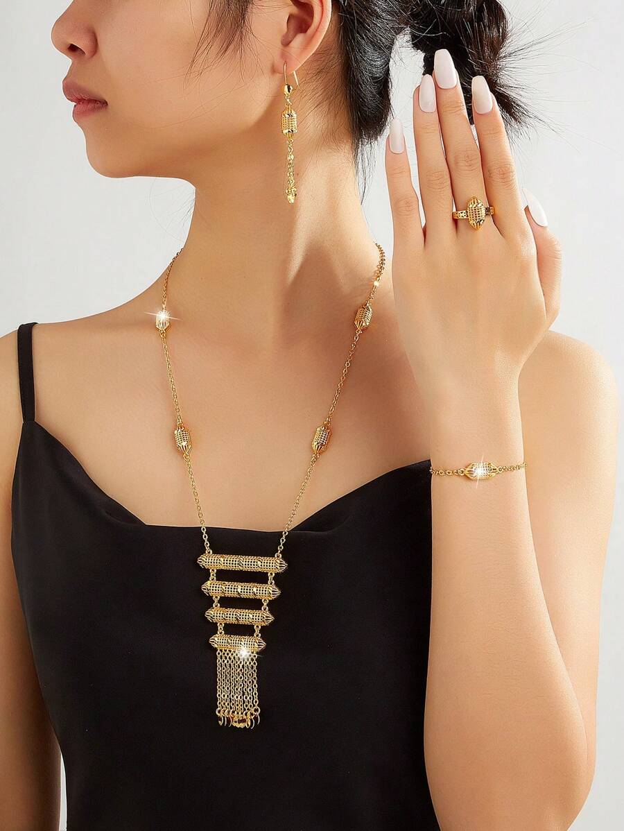 Mgyi 金色铜时尚高端奢华复古女士珠宝套装，18K 镀金优雅奢华方形设计项链、耳环、手链、戒指，适合尼日利亚、迪拜、中东、沙特阿拉伯新娘婚礼、日常佩戴、结婚周年纪念礼物、万圣节送给朋友的礼物