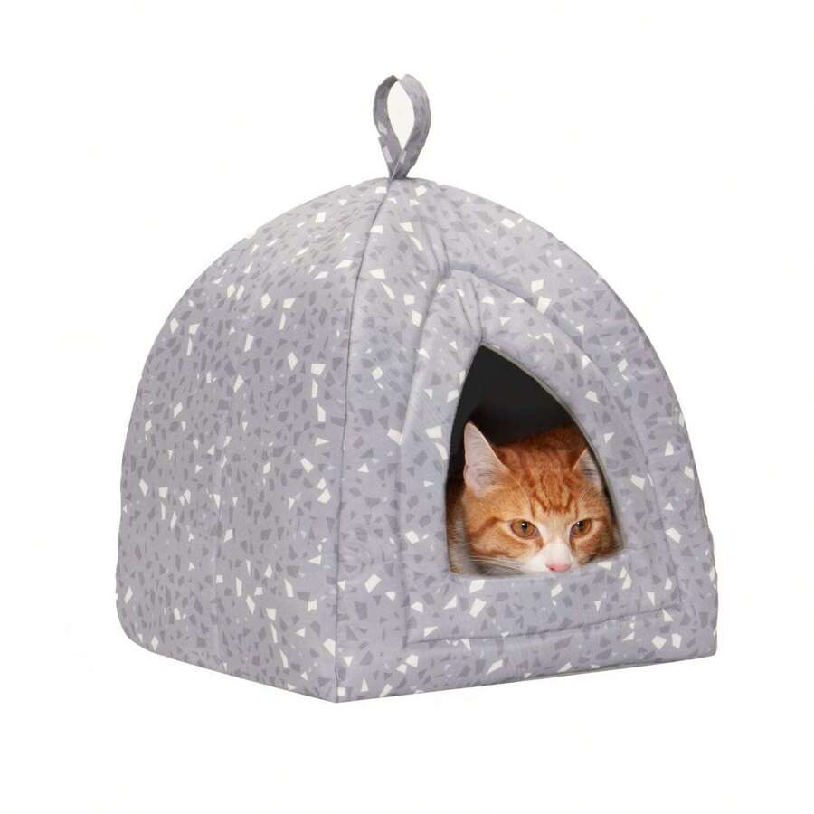 Cat Bed Cave For Indoor Cats & Small Dogs, Washable & Foldable W/ Removable Cushion Print Pet Tent - Gray , Small - Grey - View 1