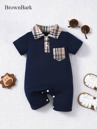 BrownBark Newborn Baby Boy Summer Cute Casual Short Sleeve Romper, Soft & Comfortable Baby Boy Clothing, Plaid Texture Polo Style Short Sleeve Romper Suitable For Indoor Daily Casual Outings