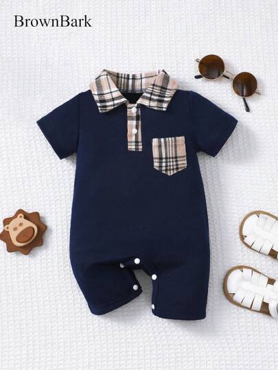 BrownBark Newborn Baby Boy Summer Cute Casual Short Sleeve Romper, Soft & Comfortable Baby Boy Clothing, Plaid Texture Polo Style Short Sleeve Romper Suitable For Indoor Daily Casual Outings