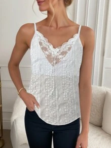 Casual Lace V-Neck Cami Tank Top, Suitable For Slender Figures In Summer - White - View 1