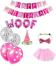 16pcs/Set Pet Birthday Party Supplies, Includes Pet Birthday Banner, Paw Print Balloons, Bibs, Bow Ties, Tutus, Happy Birthday Banner, Suitable For Cats And Dogs - Multicolor - View 8