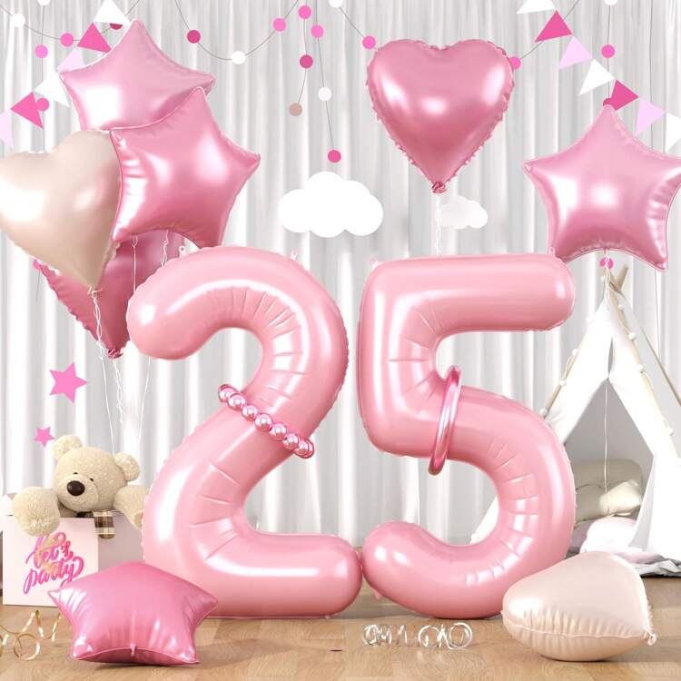 1 Set 40 Inch Pearl Pink & 18 Inch Stars & Hearts Aluminum Foil Number Balloons, Baby Shower, Birthday Party Decoration, Background - Multicolor - View 10