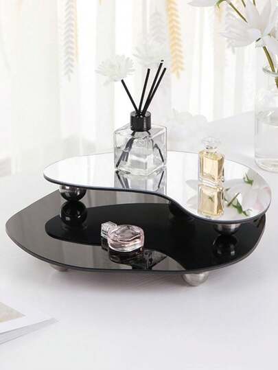 1pc Asymmetrical Black Acrylic Mirror Tray, INS Style Decor Diffuser Display Stand, Photography Props, Home Entryway Tabletop Decorative Piece,Boho Vibes,For Holiday Beach, Bathroom Collection, Bedroom Collection, Large Capacity